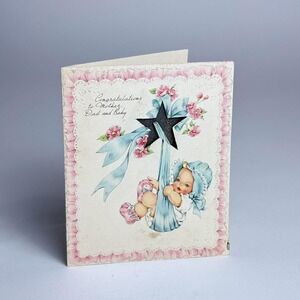 Vtg 40s 50s Congratulations Mother Dad‎ & New Baby Card Bonnet Forget Me Not